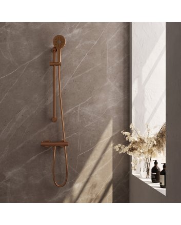 BRAUER Stripe opbouw douche thermostaatkraan SET 02 met glijstang en 3-standen handdouche en doucheslang koper geborsteld PVD