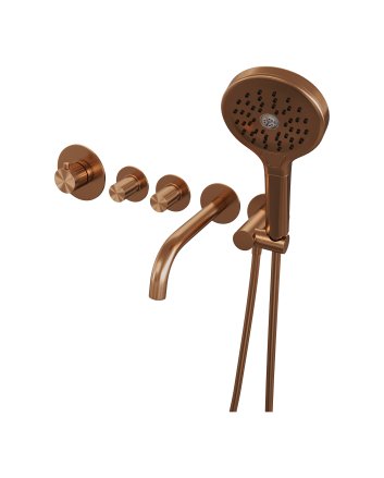 BRAUER Stripe thermostatische inbouw badkraan SET 02 met uitloop en 3-standen handdouche en doucheslang en wandaansluitbocht koper geborsteld PVD