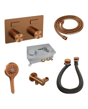 BRAUER Stripe thermostatische inbouw badkraan met drukknoppen SET 03 met badvulcombinatie en staaf handdouche en doucheslang en wandaansluitbocht koper geborsteld PVD