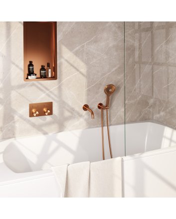 BRAUER Stripe thermostatische inbouw badkraan met drukknoppen SET 04 met uitloop en 3-standen handdouche en doucheslang en wandaansluitbocht koper geborsteld PVD