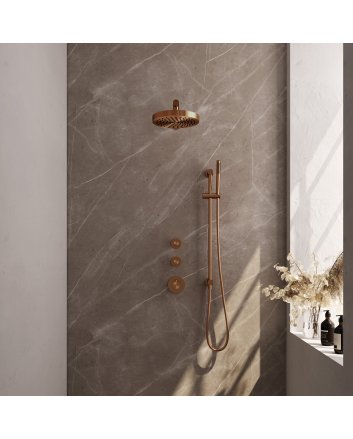 BRAUER Stripe thermostatische inbouw regendouche SET 07 met 25 cm douchekop en rechte muurarm en staaf handdouche en doucheslang en geïntegreerde glijstang koper geborsteld PVD