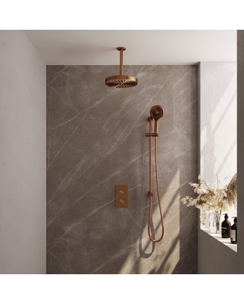 BRAUER Stripe thermostatische inbouw regendouche 3-weg rechthoekig SET 24 met 25 cm douchekop en plafondarm en 3-standen handdouche en doucheslang en geïntegreerde glijstang koper geborsteld PVD