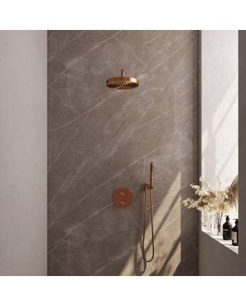 BRAUER Stripe thermostatische inbouw regendouche 3-weg rond SET 38 met 25 cm douchekop en gebogen muurarm en staaf handdouche en doucheslang en wandaansluitbocht koper geborsteld PVD