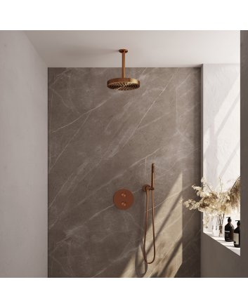 BRAUER Stripe thermostatische inbouw regendouche 3-weg rond SET 39 met 25 cm douchekop en plafondarm en staaf handdouche en doucheslang en wandaansluitbocht koper geborsteld PVD