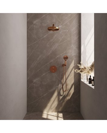BRAUER Stripe thermostatische inbouw regendouche 3-weg rond SET 40 met 25 cm douchekop en rechte muurarm en 3-standen handdouche en doucheslang en wandaansluitbocht koper geborsteld PVD