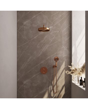 BRAUER Stripe thermostatische inbouw regendouche 3-weg rond SET 41 met 25 cm douchekop en gebogen muurarm en 3-standen handdouche en doucheslang en wandaansluitbocht koper geborsteld PVD