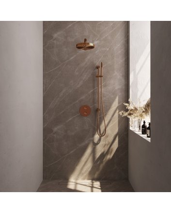 BRAUER Stripe thermostatische inbouw regendouche 3-weg rond SET 43 met 25 cm douchekop en rechte muurarm en staaf handdouche en doucheslang en geïntegreerde glijstang koper geborsteld PVD
