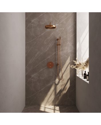 BRAUER Stripe thermostatische inbouw regendouche 3-weg rond SET 44 met 25 cm douchekop en gebogen muurarm en staaf handdouche en doucheslang en geïntegreerde glijstang koper geborsteld PVD