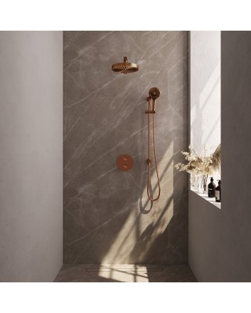 BRAUER Stripe thermostatische inbouw regendouche 3-weg rond SET 46 met 25 cm douchekop en rechte muurarm en 3-standen handdouche en doucheslang en geïntegreerde glijstang koper geborsteld PVD