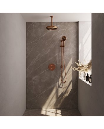 BRAUER Stripe thermostatische inbouw regendouche 3-weg rond SET 48 met 25 cm douchekop en plafondarm en 3-standen handdouche en doucheslang en geïntegreerde glijstang koper geborsteld PVD