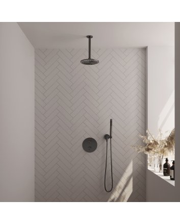 BRAUER Gunmetal Edition thermostatische inbouw regendouche 3-weg rond SET 77 met 20 cm douchekop en plafondarm en staaf handdouche en doucheslang en wandaansluitbocht gunmetal geborsteld PVD