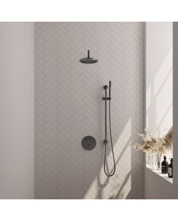 BRAUER Gunmetal Edition thermostatische inbouw regendouche 3-weg rond SET 87 met 20 cm douchekop en gebogen muurarm en staaf handdouche en doucheslang en geïntegreerde glijstang gunmetal geborsteld PVD