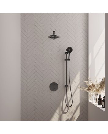 BRAUER Gunmetal Edition thermostatische inbouw regendouche 3-weg rond SET 91 met 20 cm douchekop en rechte muurarm en 3-standen handdouche en doucheslang en geïntegreerde glijstang gunmetal geborsteld PVD