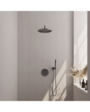 BRAUER Gunmetal Carving thermostatische inbouw regendouche 3-weg rond SET 76 met 30 cm douchekop en gebogen muurarm en staaf handdouche en doucheslang en wandaansluitbocht gunmetal geborsteld PVD