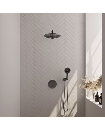 BRAUER Gunmetal Carving thermostatische inbouw regendouche 3-weg rond SET 80 met 30 cm douchekop en rechte muurarm en 3-standen handdouche en doucheslang en wandaansluitbocht gunmetal geborsteld PVD