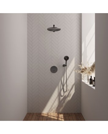BRAUER Gunmetal Carving thermostatische inbouw regendouche 3-weg rond SET 80 met 30 cm douchekop en rechte muurarm en 3-standen handdouche en doucheslang en wandaansluitbocht gunmetal geborsteld PVD