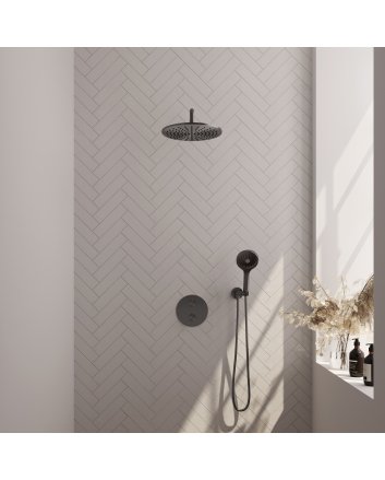 BRAUER Gunmetal Carving thermostatische inbouw regendouche 3-weg rond SET 82 met 30 cm douchekop en gebogen muurarm en 3-standen handdouche en doucheslang en wandaansluitbocht gunmetal geborsteld PVD