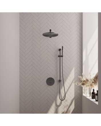BRAUER Gunmetal Carving thermostatische inbouw regendouche 3-weg rond SET 86 met 30 cm douchekop en rechte muurarm en staaf handdouche en doucheslang en geïntegreerde glijstang gunmetal geborsteld PVD