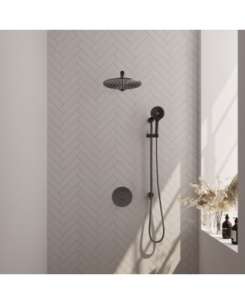 BRAUER Gunmetal Carving thermostatische inbouw regendouche 3-weg rond SET 92 met 30 cm douchekop en rechte muurarm en 3-standen handdouche en doucheslang en geïntegreerde glijstang gunmetal geborsteld PVD