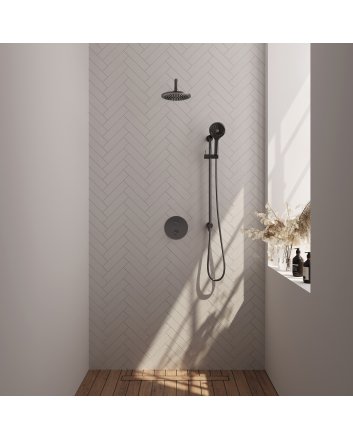 BRAUER Gunmetal Carving thermostatische inbouw regendouche 3-weg rond SET 93 met 20 cm douchekop en gebogen muurarm en 3-standen handdouche en doucheslang en geïntegreerde glijstang gunmetal geborsteld PVD