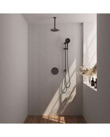 BRAUER Gunmetal Carving thermostatische inbouw regendouche 3-weg rond SET 95 met 20 cm douchekop en plafondarm en 3-standen handdouche en doucheslang en geïntegreerde glijstang gunmetal geborsteld PVD