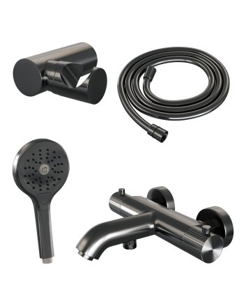 BRAUER Stripe opbouw baddouche thermostaatkraan SET 04 met wandhouder en 3-standen handdouche en doucheslang gunmetal geborsteld PVD