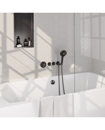 BRAUER Stripe thermostatische inbouw badkraan SET 02 met badvulcombinatie en 3-standen handdouche en doucheslang en wandaansluitbocht gunmetal geborsteld PVD