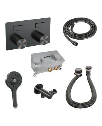 BRAUER Stripe thermostatische inbouw badkraan met drukknoppen SET 04 met badvulcombinatie en 3-standen handdouche en doucheslang en wandaansluitbocht gunmetal geborsteld PVD