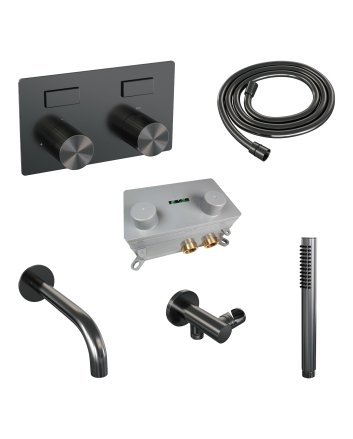 BRAUER Stripe thermostatische inbouw badkraan met drukknoppen SET 03 met uitloop en staaf handdouche en doucheslang en wandaansluitbocht gunmetal geborsteld PVD