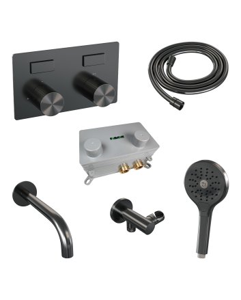 BRAUER Stripe thermostatische inbouw badkraan met drukknoppen SET 04 met uitloop en 3-standen handdouche en doucheslang en wandaansluitbocht gunmetal geborsteld PVD