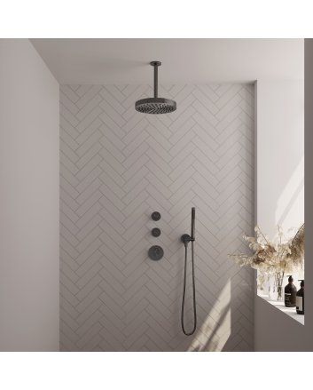 BRAUER Stripe thermostatische inbouw regendouche SET 03 met 25 cm douchekop en plafondarm en staaf handdouche en doucheslang en wandaansluitbocht gunmetal geborsteld PVD