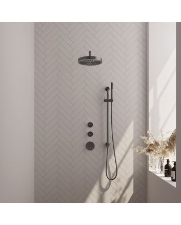 BRAUER Stripe thermostatische inbouw regendouche SET 08 met 25 cm douchekop en gebogen muurarm en staaf handdouche en doucheslang en geïntegreerde glijstang gunmetal geborsteld PVD