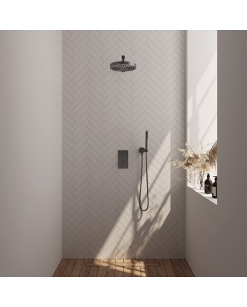 BRAUER Stripe thermostatische inbouw regendouche 3-weg rechthoekig SET 13 met 25 cm douchekop en rechte muurarm en staaf handdouche en doucheslang en wandaansluitbocht gunmetal geborsteld PVD