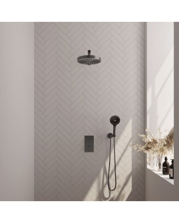 BRAUER Stripe thermostatische inbouw regendouche 3-weg rechthoekig SET 16 met 25 cm douchekop en rechte muurarm en 3-standen handdouche en doucheslang en wandaansluitbocht gunmetal geborsteld PVD