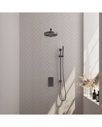 BRAUER Stripe thermostatische inbouw regendouche 3-weg rechthoekig SET 19 met 25 cm douchekop en rechte muurarm en staaf handdouche en doucheslang en geïntegreerde glijstang gunmetal geborsteld PVD