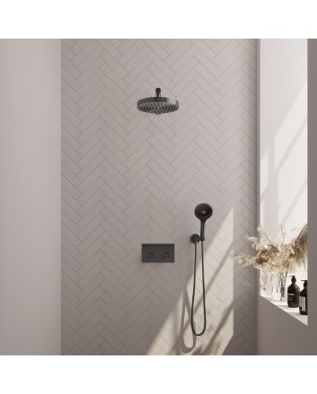 BRAUER Stripe thermostatische inbouw regendouche met drukknoppen SET 28 met 25 cm douchekop en rechte muurarm en 3-standen handdouche en doucheslang en wandaansluitbocht gunmetal geborsteld PVD