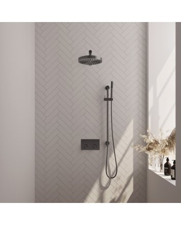 BRAUER Stripe thermostatische inbouw regendouche met drukknoppen SET 31 met 25 cm douchekop en rechte muurarm en staaf handdouche en doucheslang en geïntegreerde glijstang gunmetal geborsteld PVD