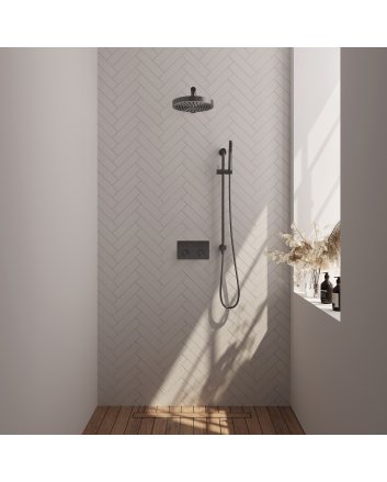 BRAUER Stripe thermostatische inbouw regendouche met drukknoppen SET 31 met 25 cm douchekop en rechte muurarm en staaf handdouche en doucheslang en geïntegreerde glijstang gunmetal geborsteld PVD