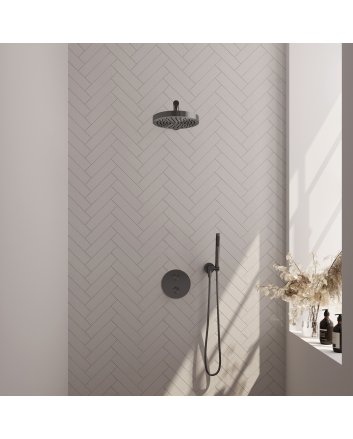 BRAUER Stripe thermostatische inbouw regendouche 3-weg rond SET 37 met 25 cm douchekop en rechte muurarm en staaf handdouche en doucheslang en wandaansluitbocht gunmetal geborsteld PVD