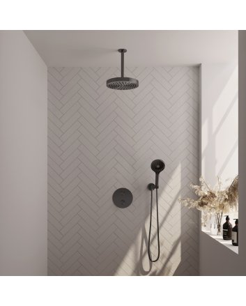 BRAUER Stripe thermostatische inbouw regendouche 3-weg rond SET 42 met 25 cm douchekop en plafondarm en 3-standen handdouche en doucheslang en wandaansluitbocht gunmetal geborsteld PVD