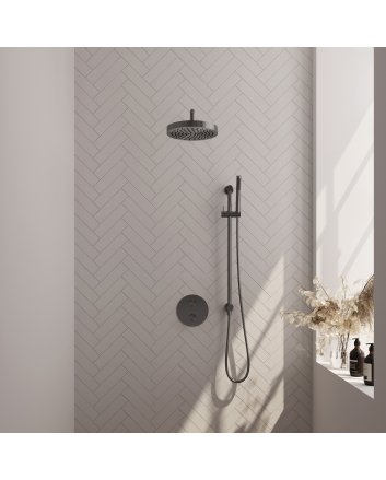 BRAUER Stripe thermostatische inbouw regendouche 3-weg rond SET 44 met 25 cm douchekop en gebogen muurarm en staaf handdouche en doucheslang en geïntegreerde glijstang gunmetal geborsteld PVD