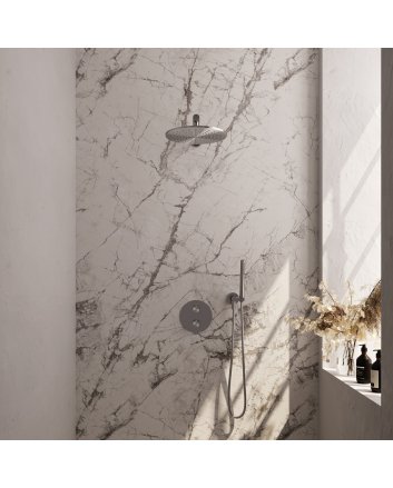 BRAUER Brushed Edition thermostatische inbouw regendouche 3-weg rond SET 74 met 30 cm douchekop en rechte muurarm en staaf handdouche en doucheslang en wandaansluitbocht RVS geborsteld PVD