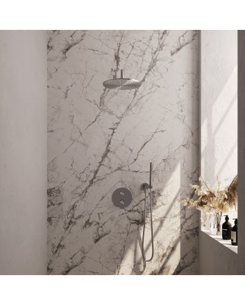BRAUER Brushed Edition thermostatische inbouw regendouche 3-weg rond SET 76 met 30 cm douchekop en gebogen muurarm en staaf handdouche en doucheslang en wandaansluitbocht RVS geborsteld PVD