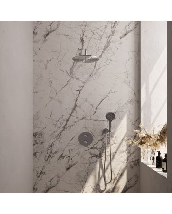 BRAUER Brushed Edition thermostatische inbouw regendouche 3-weg rond SET 82 met 30 cm douchekop en gebogen muurarm en 3-standen handdouche en doucheslang en wandaansluitbocht RVS geborsteld PVD