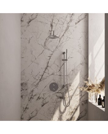 BRAUER Brushed Edition thermostatische inbouw regendouche 3-weg rond SET 87 met 20 cm douchekop en gebogen muurarm en staaf handdouche en doucheslang en geïntegreerde glijstang RVS geborsteld PVD