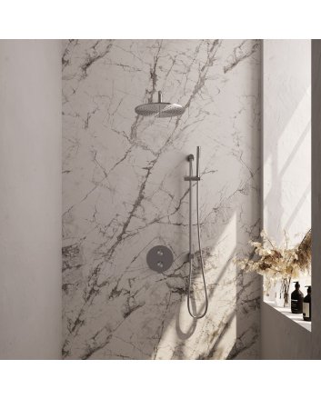 BRAUER Brushed Edition thermostatische inbouw regendouche 3-weg rond SET 88 met 30 cm douchekop en gebogen muurarm en staaf handdouche en doucheslang en geïntegreerde glijstang RVS geborsteld PVD