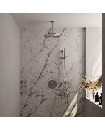 BRAUER Brushed Edition thermostatische inbouw regendouche 3-weg rond SET 90 met 30 cm douchekop en plafondarm en staaf handdouche en doucheslang en geïntegreerde glijstang RVS geborsteld PVD