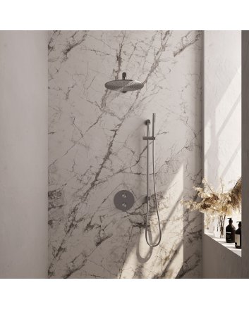 BRAUER Brushed Carving thermostatische inbouw regendouche 3-weg rond SET 86 met 30 cm douchekop en rechte muurarm en staaf handdouche en doucheslang en geïntegreerde glijstang RVS geborsteld PVD