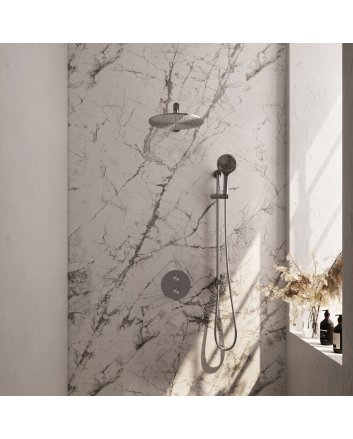BRAUER Brushed Carving thermostatische inbouw regendouche 3-weg rond SET 92 met 30 cm douchekop en rechte muurarm en 3-standen handdouche en doucheslang en geïntegreerde glijstang RVS geborsteld PVD