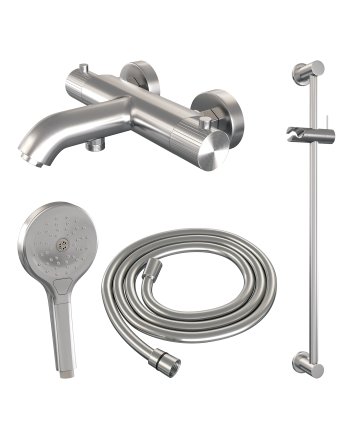 BRAUER Stripe opbouw baddouche thermostaatkraan SET 02 met glijstang en 3-standen handdouche en doucheslang RVS-kleurig geborsteld PVD